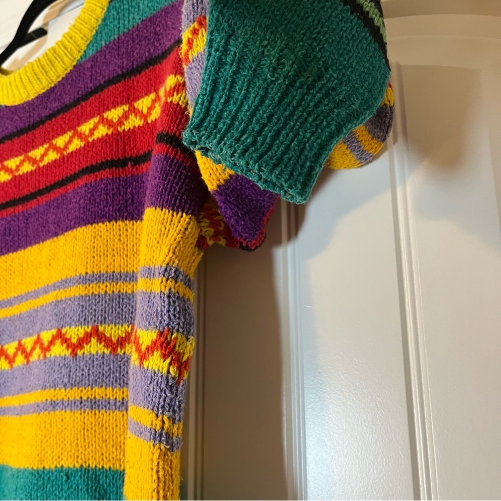 Vintage 80s Colorful Striped Sweater Geometric Granola Cabin Knit Chunky Small - Picture 3 of 6